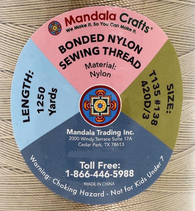 Mandala Crafts Bonded Nylon Thread Khaki Heavy Duty Sewing Threads - 1250 YDs Size 138 420D T135 Tex 135 Thread for Leather Jeans Weaving Outdoor Marine Upholstery Threads