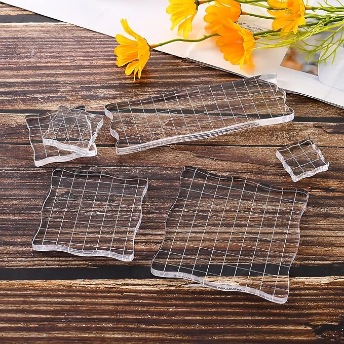 7 Pieces Clear Stamp Blocks, driew Clear Acrylic Stamping Blocks Tools Set with Grid and Grip Decorative Stamp Blocks for Scrapbooking Crafts, Cards, Schedule Book