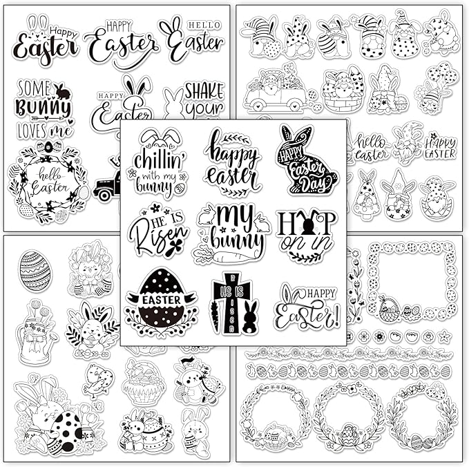 Whaline 5 Sheet Easter Clear Stamps Bunny Rabbit Egg Gnome Words Silicone Transparent Stamps Border Rubber Stamp Cards for DIY Crafts Card Making Scrapbooking Album Supplies
