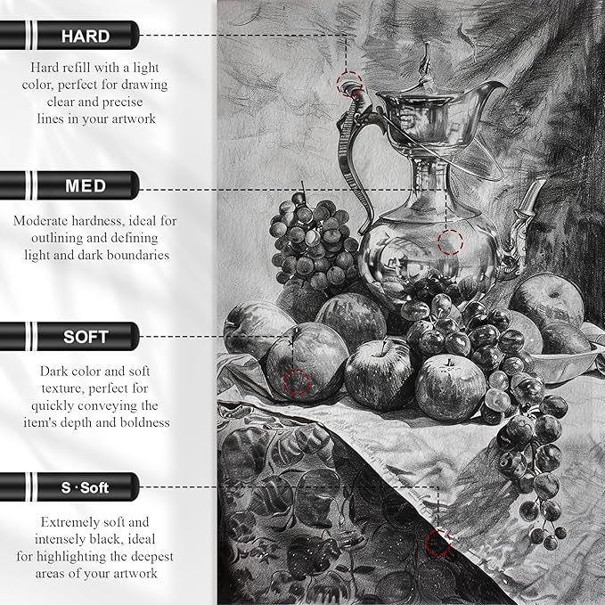 Charcoal Pencils for drawing, Set of 12, Charcoal Drawing Pencils (S-Soft, Soft, Medium, Hard), Art Supplies for Artist, Sketching, Shading