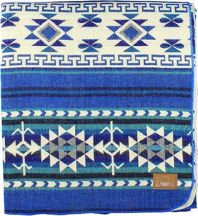Inca Aztec Throw, Queen, King Blanket | Southwest Indian Navajo Boho Style | Native Cover for Camping, Bedding, Couch, Vanlife | Faux Alpaca, Lightweight, Hypoallergenic (Kocha Blue, Throw)